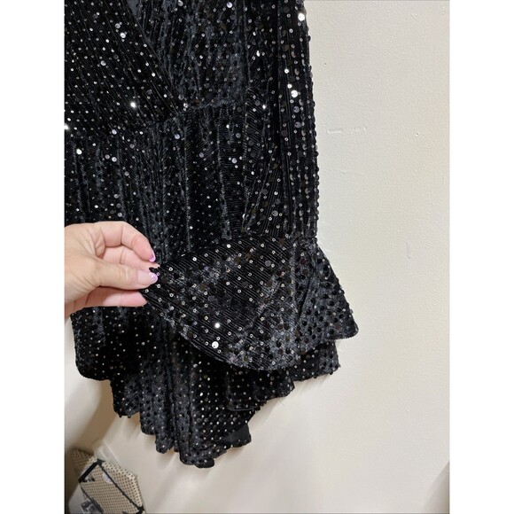 Blue B Collection Large Black Surplice Neck Fit & Flare Sequin Dress High Low - Picture 4 of 8